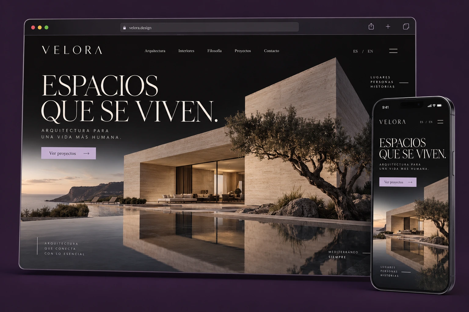 Ejemplo de web de arquitectura VELORA, con una villa junto al mar y su versión móvil