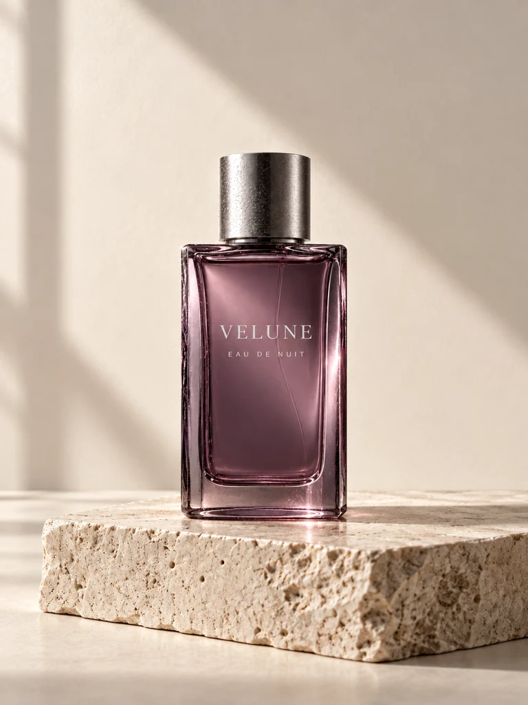 Frasco de perfume de la marca ficticia VELUNE sobre piedra, con luz de estudio, pieza de producto cinematográfico.