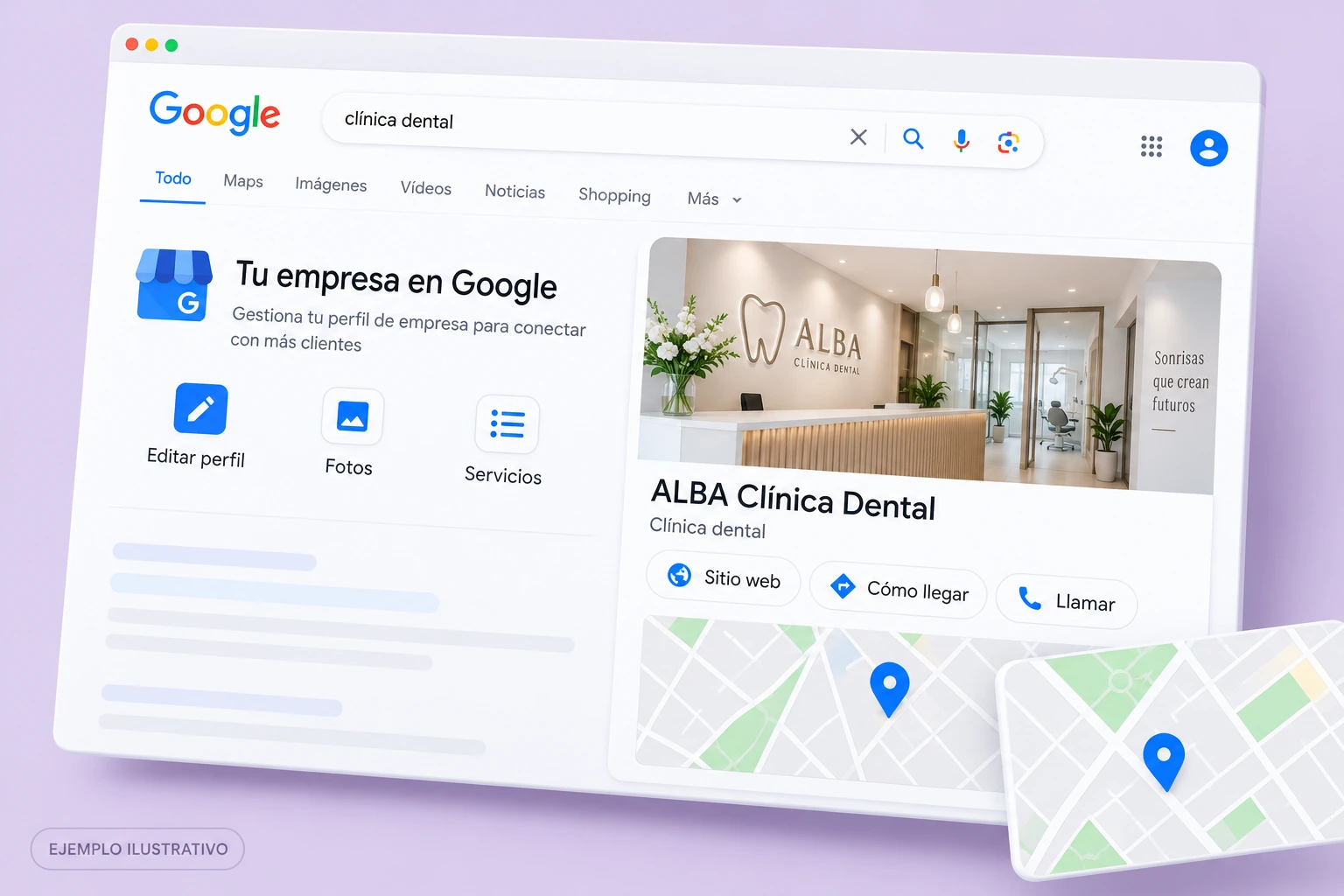 Vista ilustrativa de Google Business con la clínica ficticia ALBA, fotos, mapa y accesos a sitio web, indicaciones y llamadas