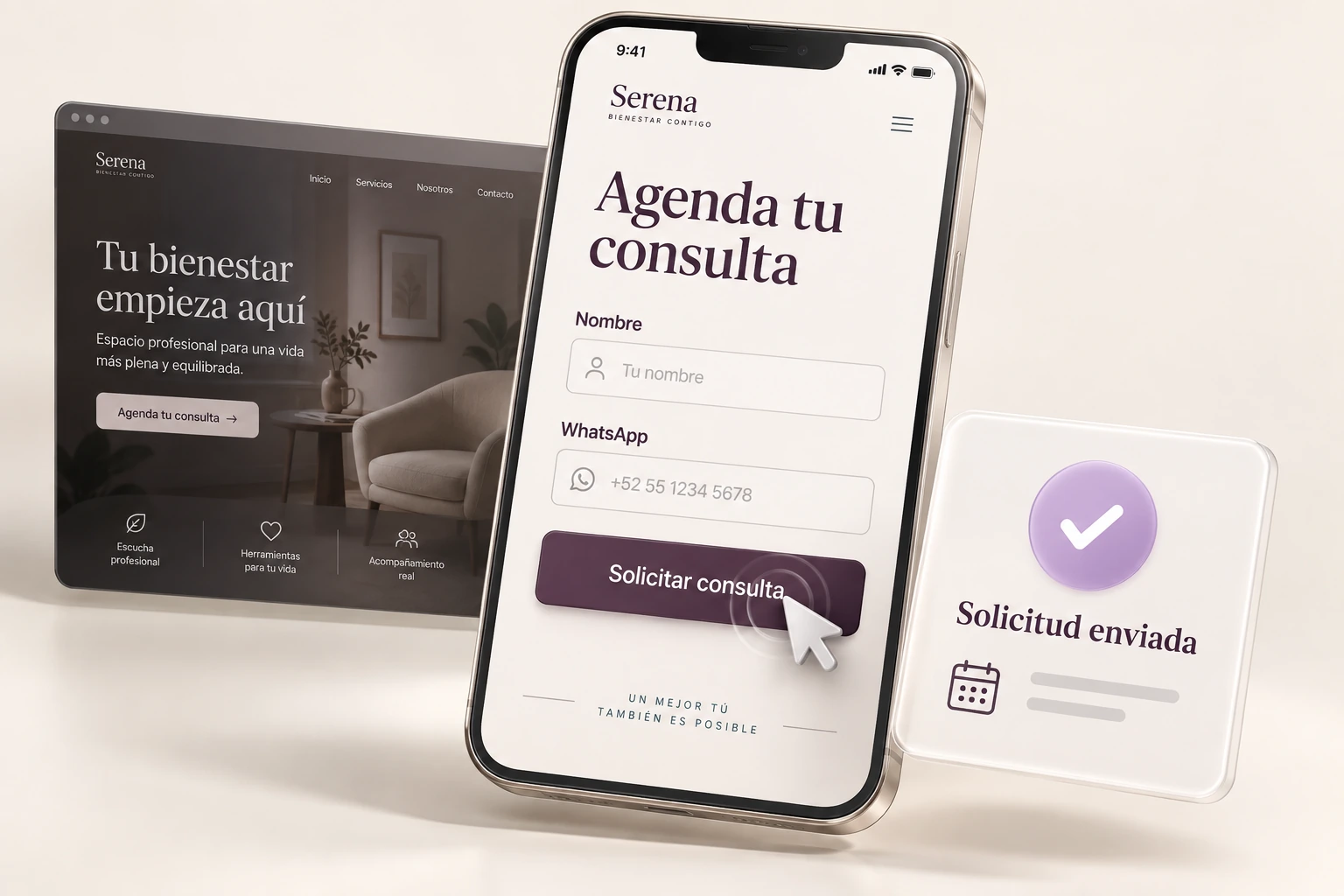 Ejemplo de formulario móvil con dos campos, botón para solicitar consulta y confirmación de solicitud enviada