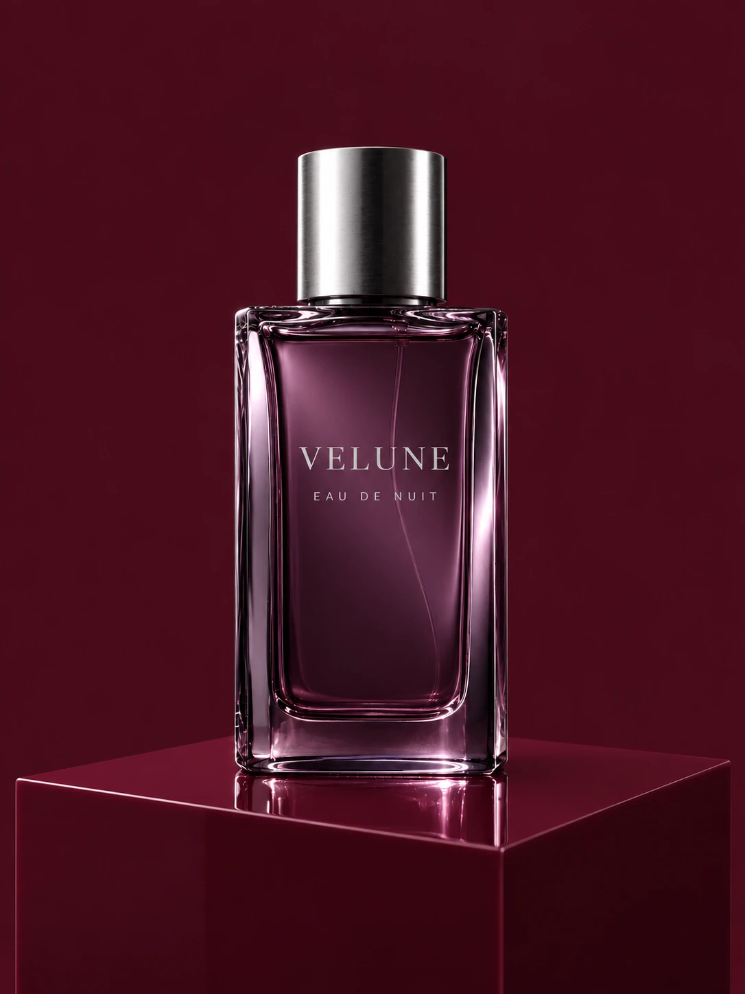 Concepto IA de VELUNE: producto en estudio sobre color sólido