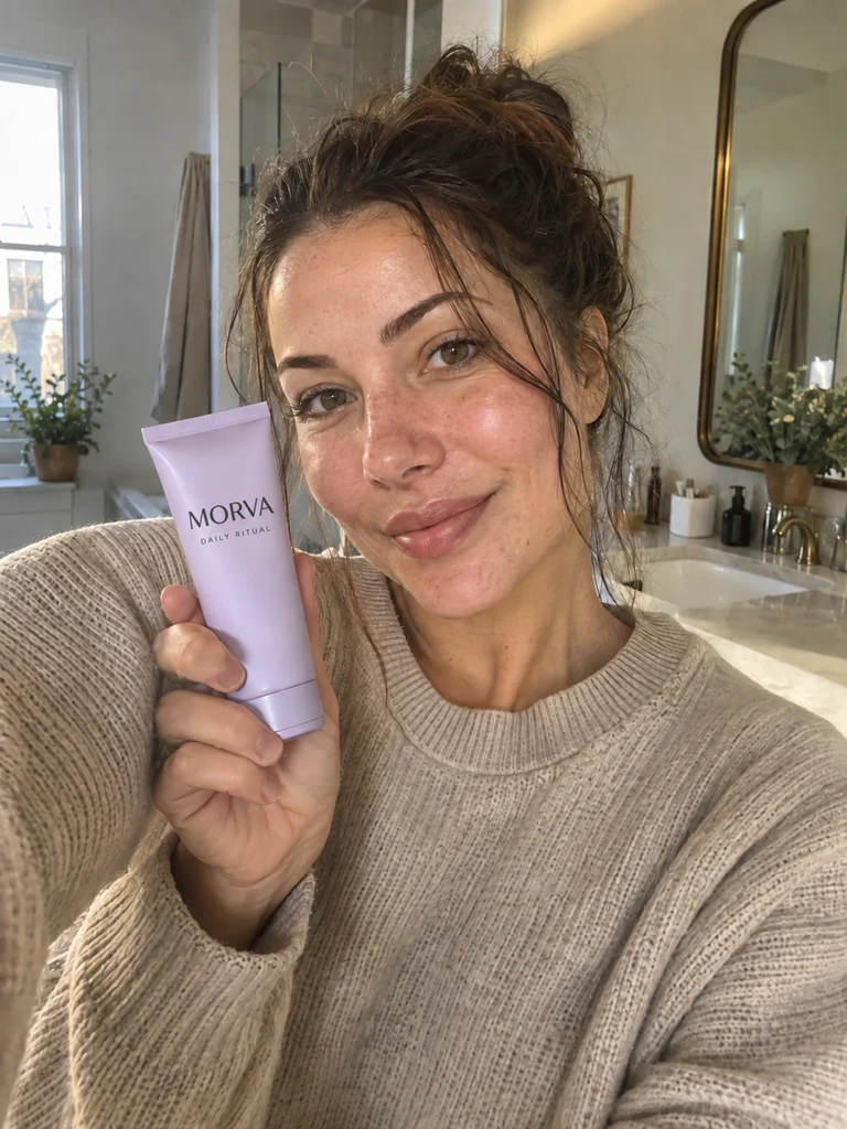 Mujer mostrando a cámara una crema de la marca ficticia MORVA, en estilo UGC hiperrealista creado con IA.
